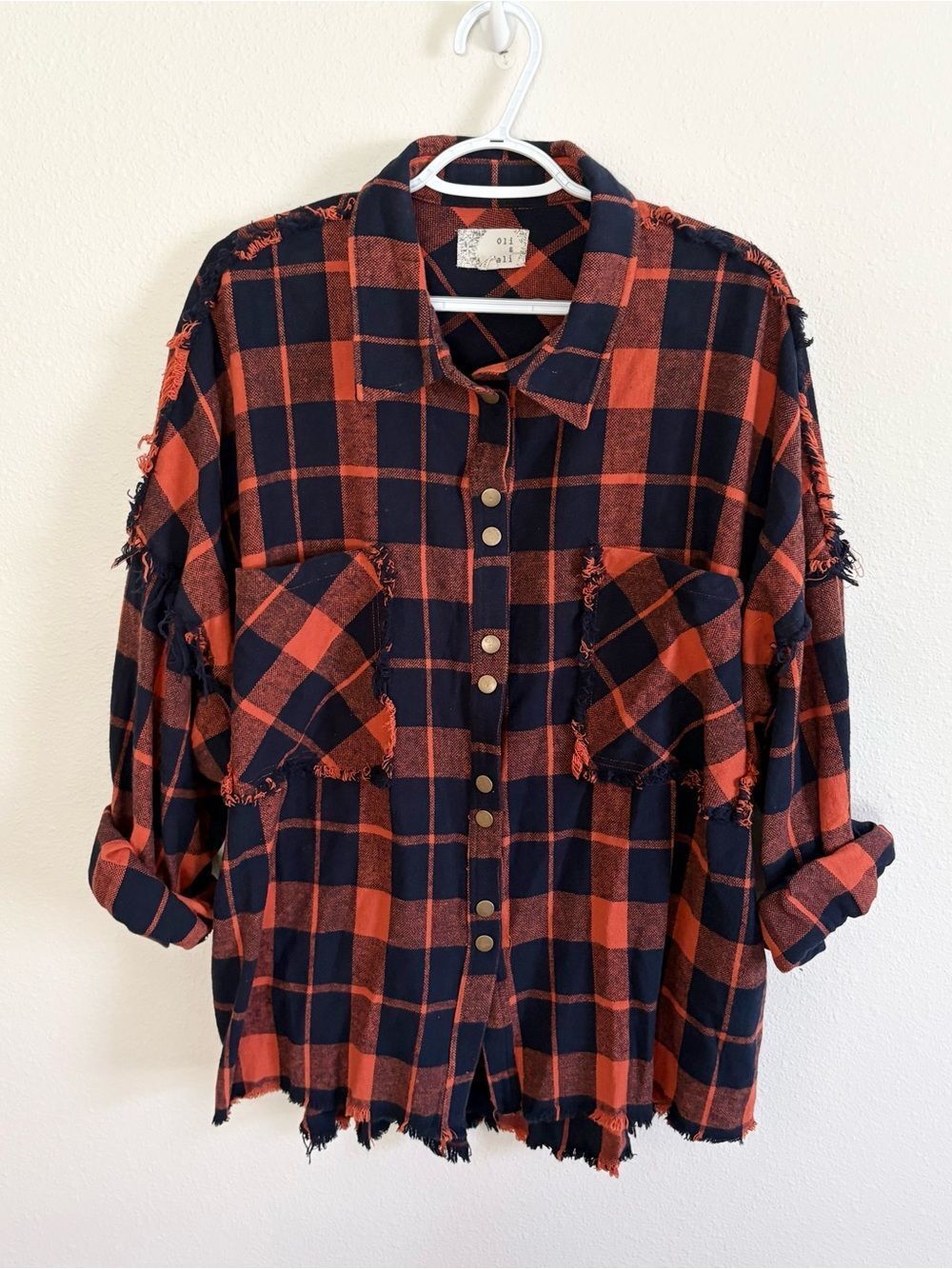 Oli & Hali Flannel Oversized Button Shirt Distressed Fringe Pockets Size S/M